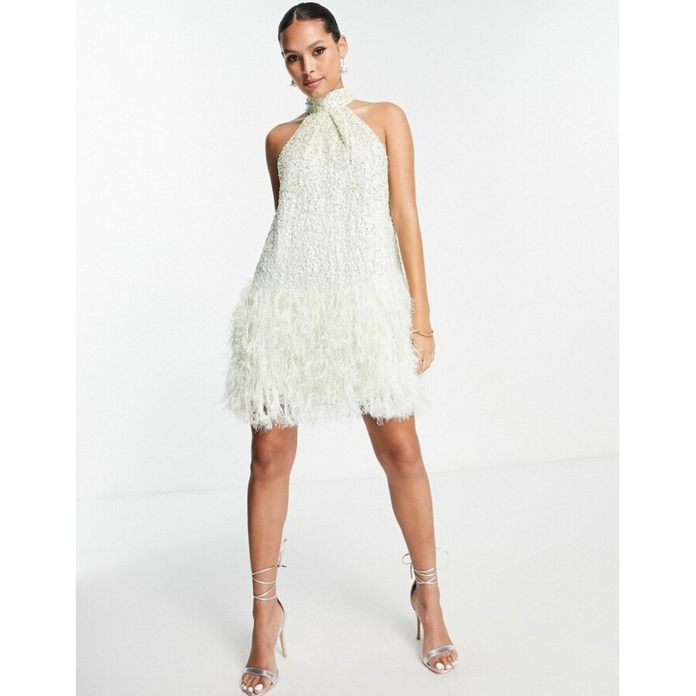 NWT ASOS EDITION Sequin Halter Mini Dress with Faux Feather Hem Party US 2 - Picture 2 of 11